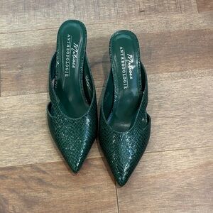 Anthropologie Dark Green Snake Print Heels